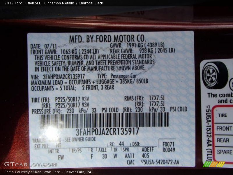 2012 Fusion SEL Cinnamon Metallic Color Code HT