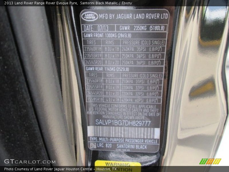 2013 Range Rover Evoque Pure Santorini Black Metallic Color Code 820