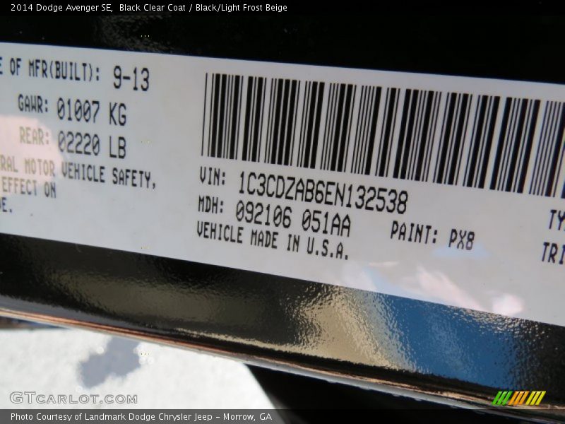 Black Clear Coat / Black/Light Frost Beige 2014 Dodge Avenger SE