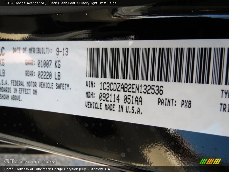 Black Clear Coat / Black/Light Frost Beige 2014 Dodge Avenger SE