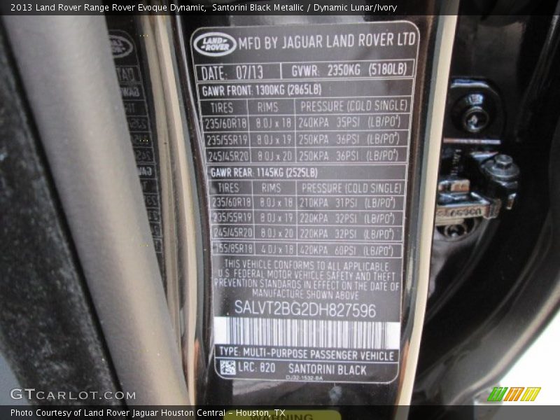 2013 Range Rover Evoque Dynamic Santorini Black Metallic Color Code 820