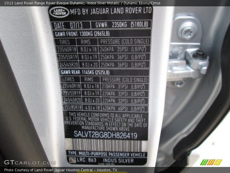2013 Range Rover Evoque Dynamic Indus Silver Metallic Color Code 863