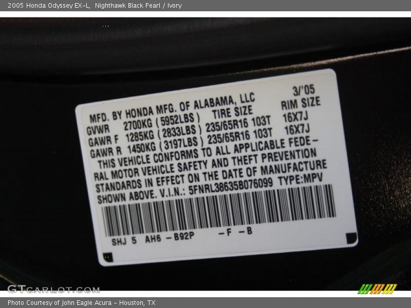 Nighthawk Black Pearl / Ivory 2005 Honda Odyssey EX-L