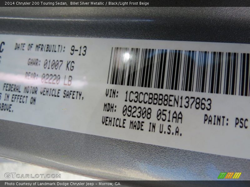 Billet Silver Metallic / Black/Light Frost Beige 2014 Chrysler 200 Touring Sedan
