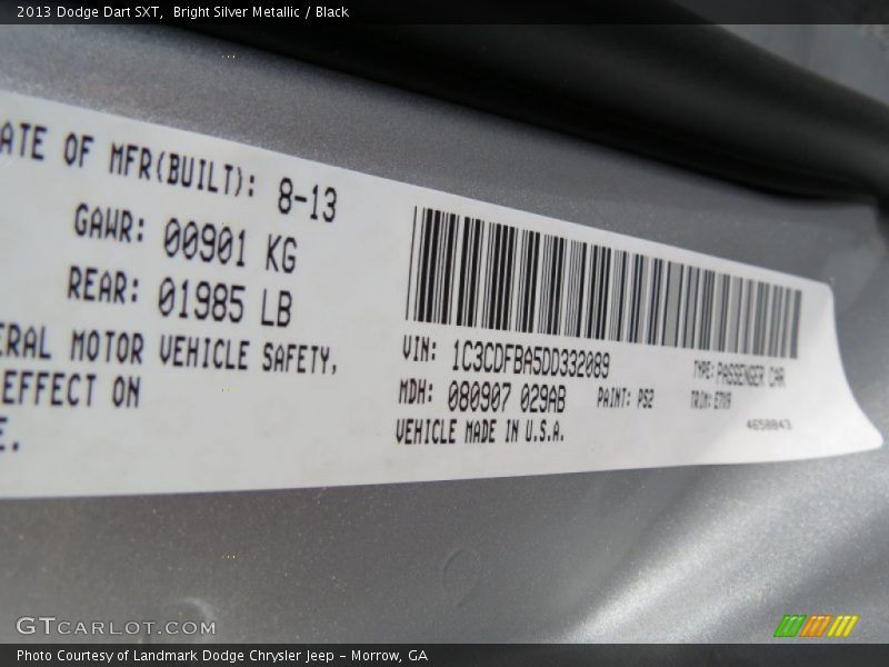 Bright Silver Metallic / Black 2013 Dodge Dart SXT