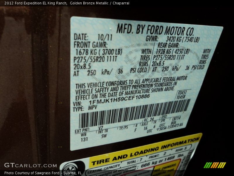 2012 Expedition EL King Ranch Golden Bronze Metallic Color Code V7