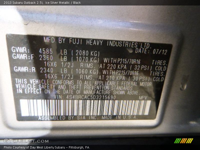 Ice Silver Metallic / Black 2013 Subaru Outback 2.5i