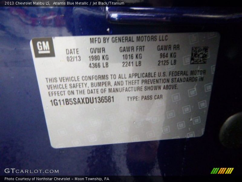 Atlantis Blue Metallic / Jet Black/Titanium 2013 Chevrolet Malibu LS