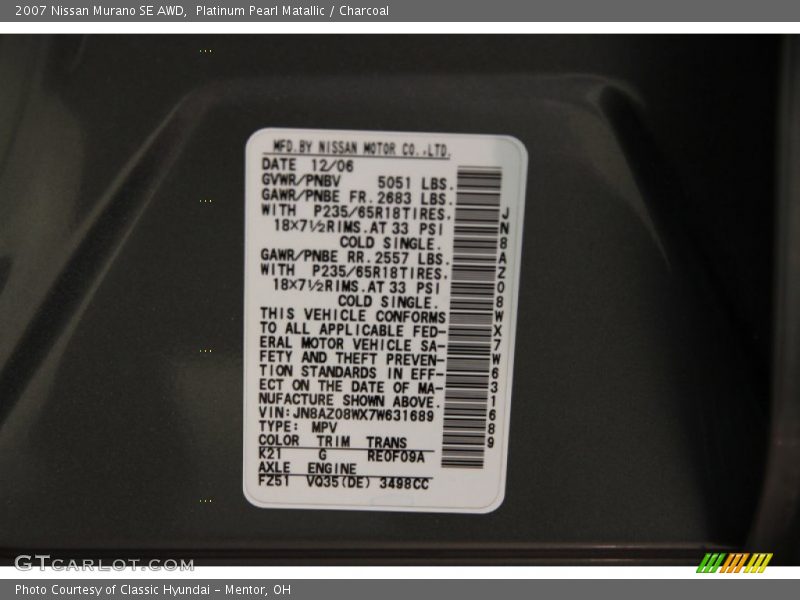 Platinum Pearl Matallic / Charcoal 2007 Nissan Murano SE AWD