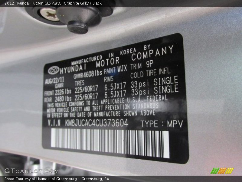 Graphite Gray / Black 2012 Hyundai Tucson GLS AWD
