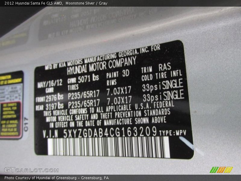 Moonstone Silver / Gray 2012 Hyundai Santa Fe GLS AWD