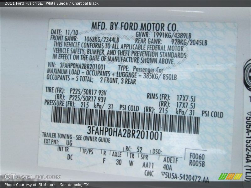 White Suede / Charcoal Black 2011 Ford Fusion SE