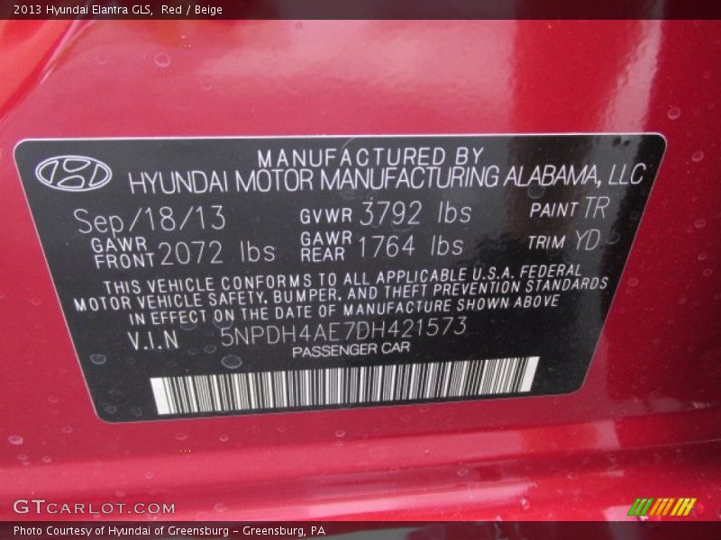 Red / Beige 2013 Hyundai Elantra GLS