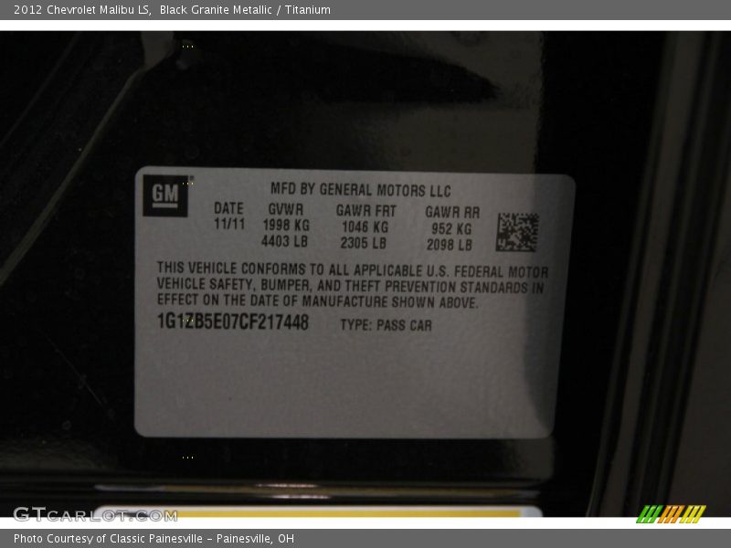 Black Granite Metallic / Titanium 2012 Chevrolet Malibu LS