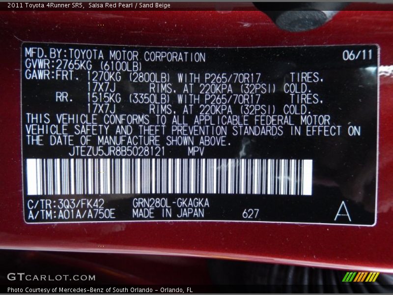 2011 4Runner SR5 Salsa Red Pearl Color Code 3Q3