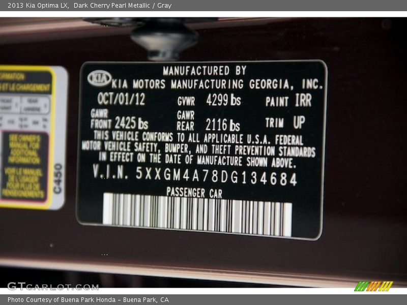 Dark Cherry Pearl Metallic / Gray 2013 Kia Optima LX