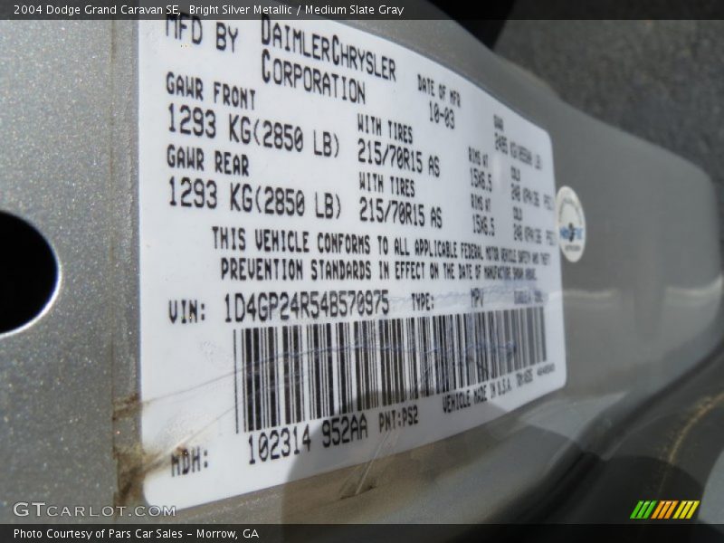 Bright Silver Metallic / Medium Slate Gray 2004 Dodge Grand Caravan SE