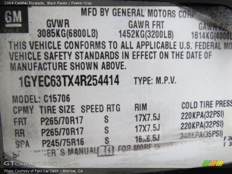 Info Tag of 2004 Escalade 