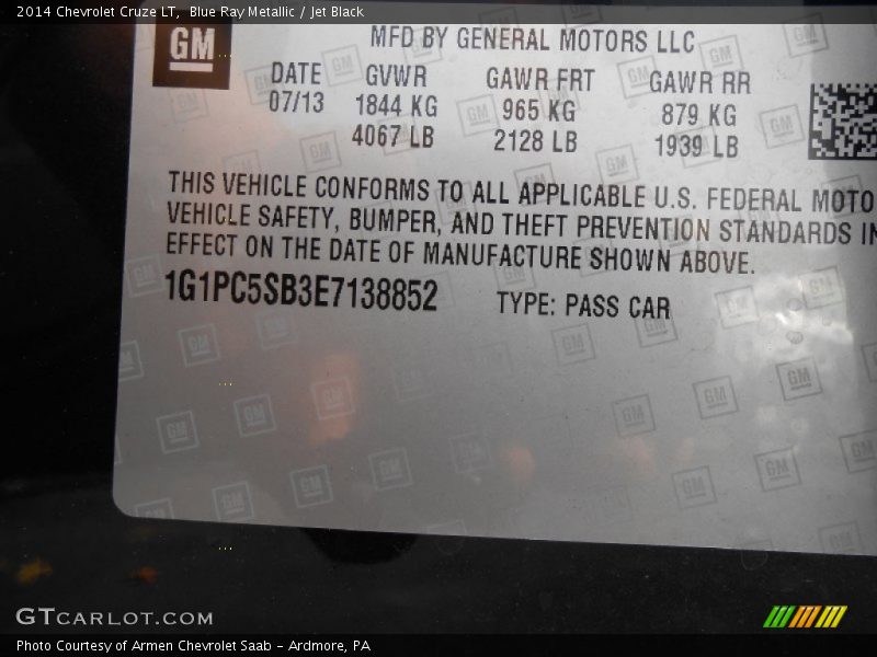 Blue Ray Metallic / Jet Black 2014 Chevrolet Cruze LT