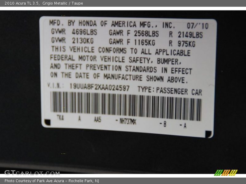 Grigio Metallic / Taupe 2010 Acura TL 3.5