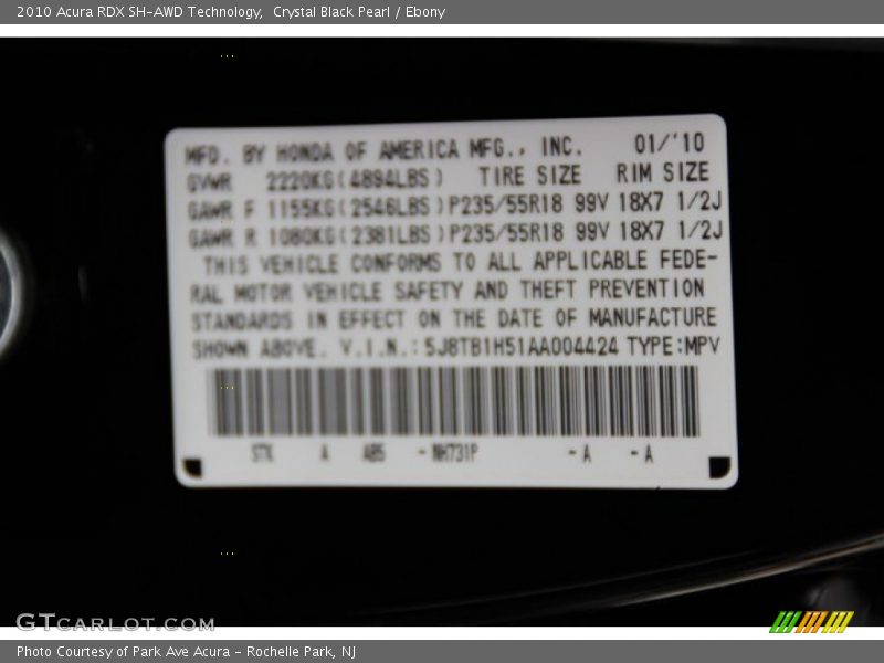Crystal Black Pearl / Ebony 2010 Acura RDX SH-AWD Technology