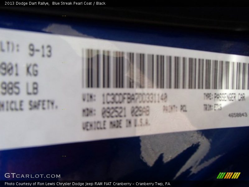 Blue Streak Pearl Coat / Black 2013 Dodge Dart Rallye