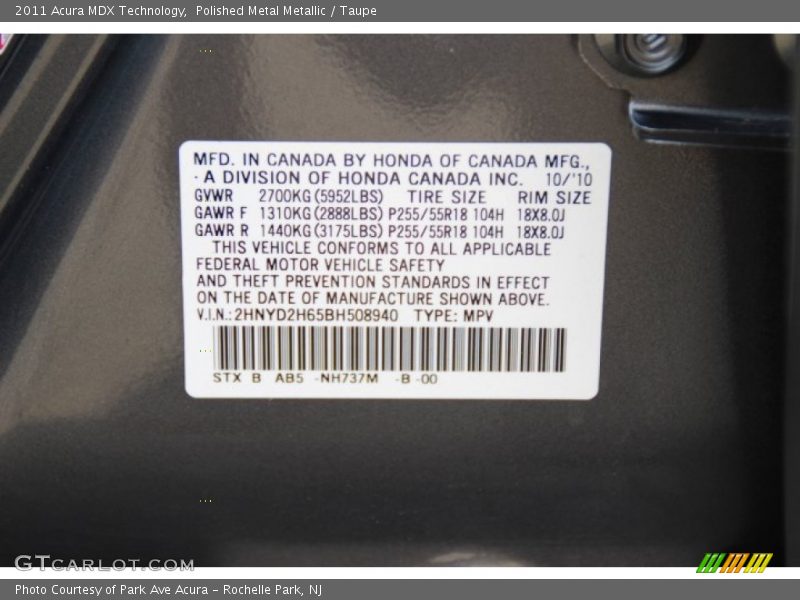 Polished Metal Metallic / Taupe 2011 Acura MDX Technology