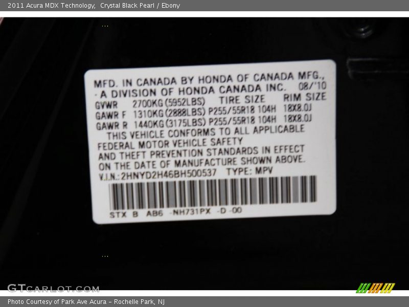 Crystal Black Pearl / Ebony 2011 Acura MDX Technology