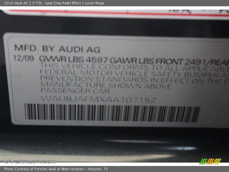 Lava Gray Pearl Effect / Luxor Beige 2010 Audi A3 2.0 TDI