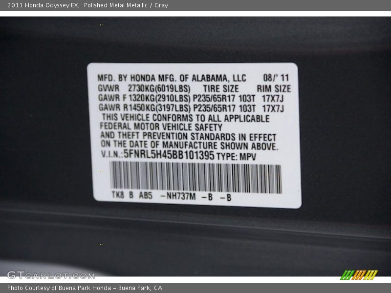 Polished Metal Metallic / Gray 2011 Honda Odyssey EX