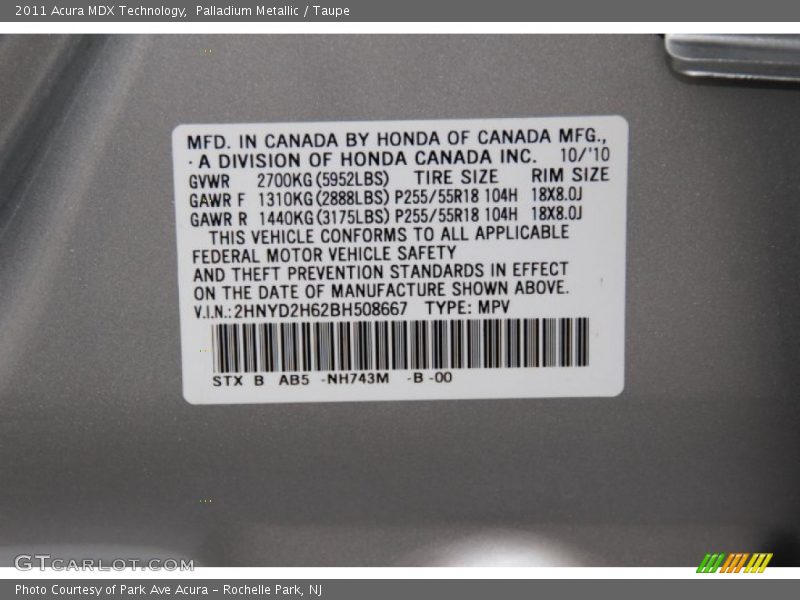 Palladium Metallic / Taupe 2011 Acura MDX Technology