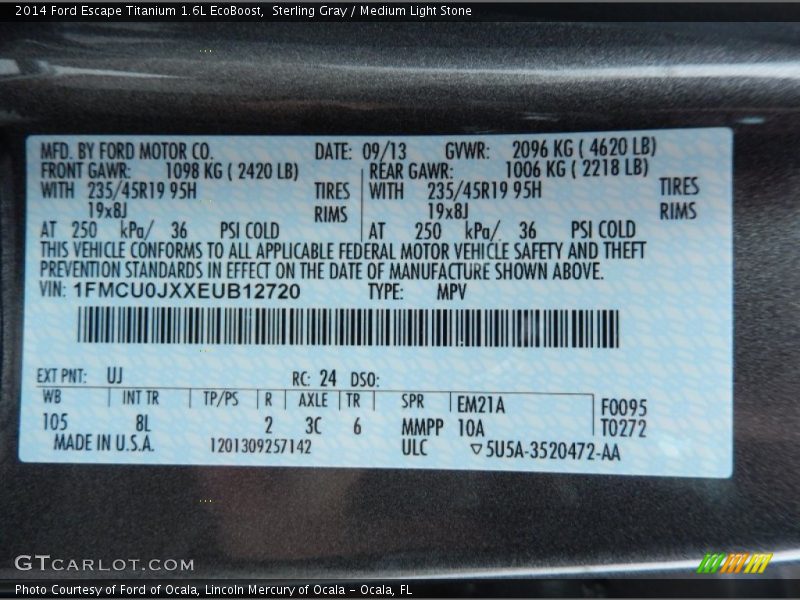 2014 Escape Titanium 1.6L EcoBoost Sterling Gray Color Code UJ