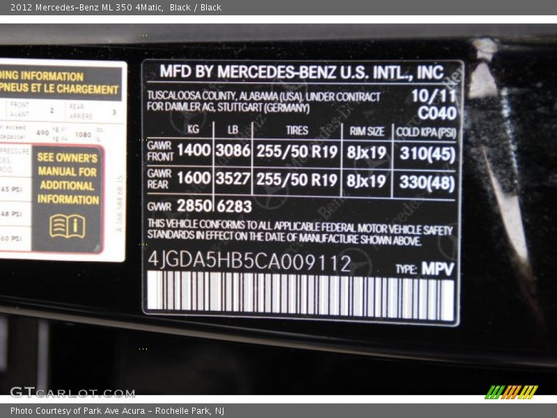 Black / Black 2012 Mercedes-Benz ML 350 4Matic