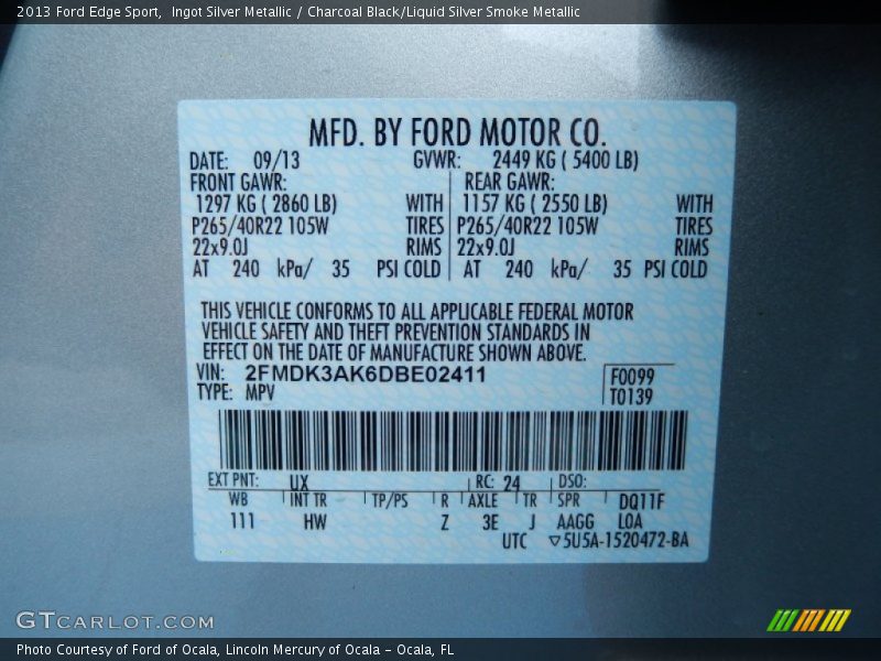 Ingot Silver Metallic / Charcoal Black/Liquid Silver Smoke Metallic 2013 Ford Edge Sport
