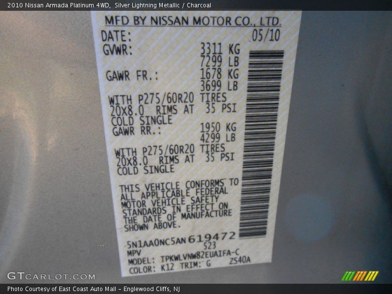 Silver Lightning Metallic / Charcoal 2010 Nissan Armada Platinum 4WD