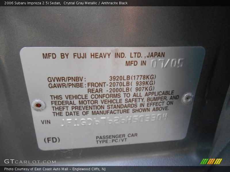 Crystal Gray Metallic / Anthracite Black 2006 Subaru Impreza 2.5i Sedan