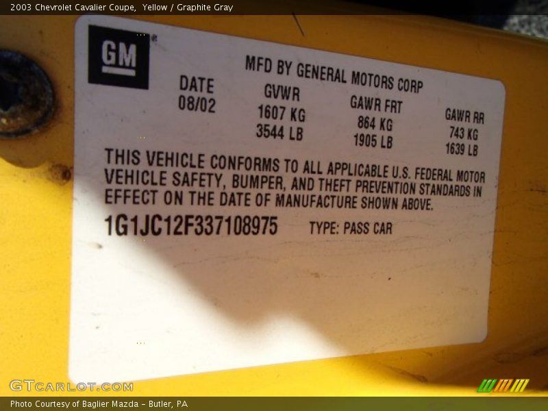 Yellow / Graphite Gray 2003 Chevrolet Cavalier Coupe