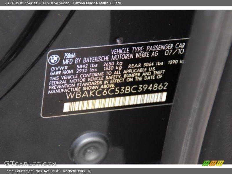Carbon Black Metallic / Black 2011 BMW 7 Series 750i xDrive Sedan