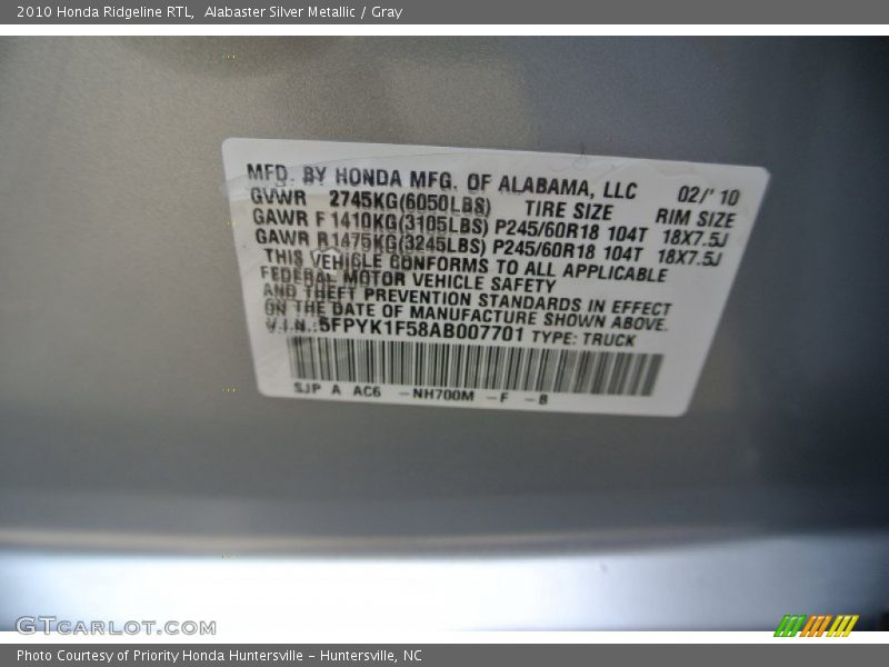 Alabaster Silver Metallic / Gray 2010 Honda Ridgeline RTL