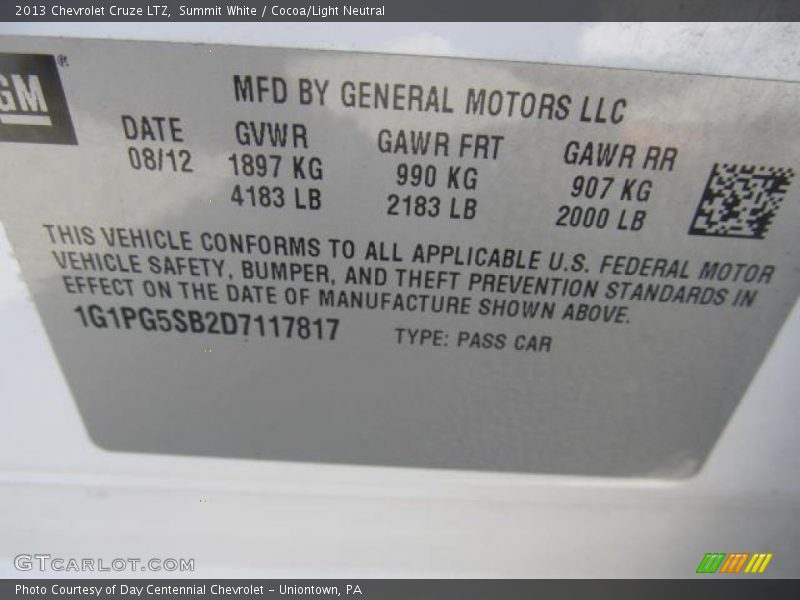 Summit White / Cocoa/Light Neutral 2013 Chevrolet Cruze LTZ