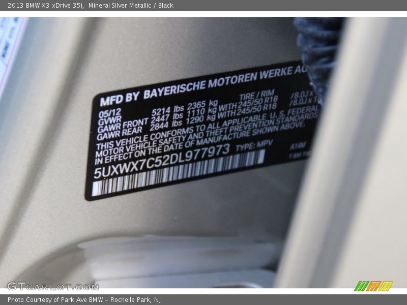 2013 X3 xDrive 35i Mineral Silver Metallic Color Code A14