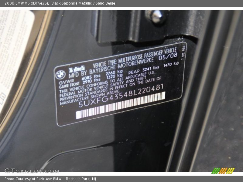 Black Sapphire Metallic / Sand Beige 2008 BMW X6 xDrive35i