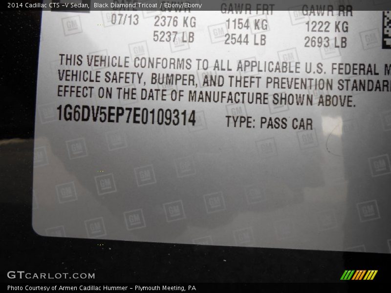 Info Tag of 2014 CTS -V Sedan