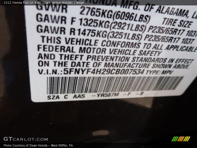 Dark Amber Metallic / Beige 2012 Honda Pilot LX 4WD