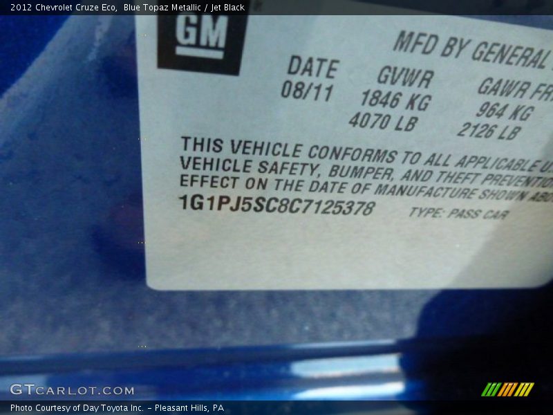 Blue Topaz Metallic / Jet Black 2012 Chevrolet Cruze Eco