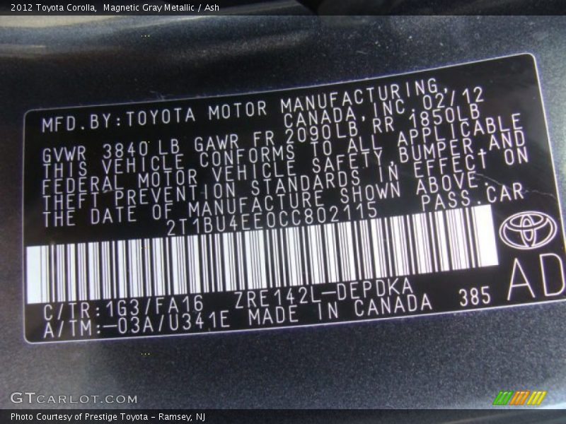 Magnetic Gray Metallic / Ash 2012 Toyota Corolla
