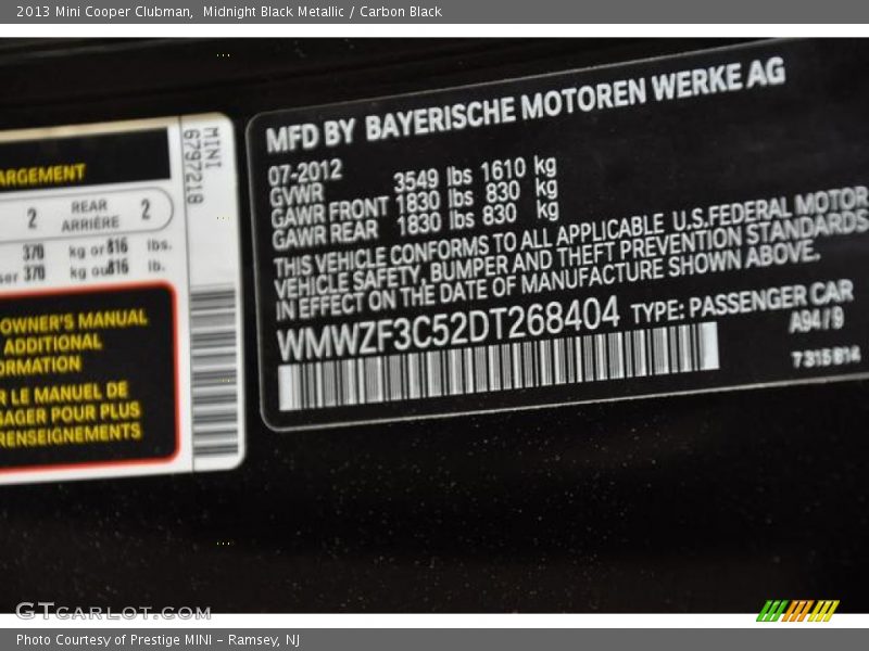 Midnight Black Metallic / Carbon Black 2013 Mini Cooper Clubman
