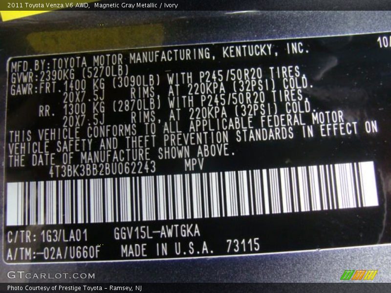 Magnetic Gray Metallic / Ivory 2011 Toyota Venza V6 AWD