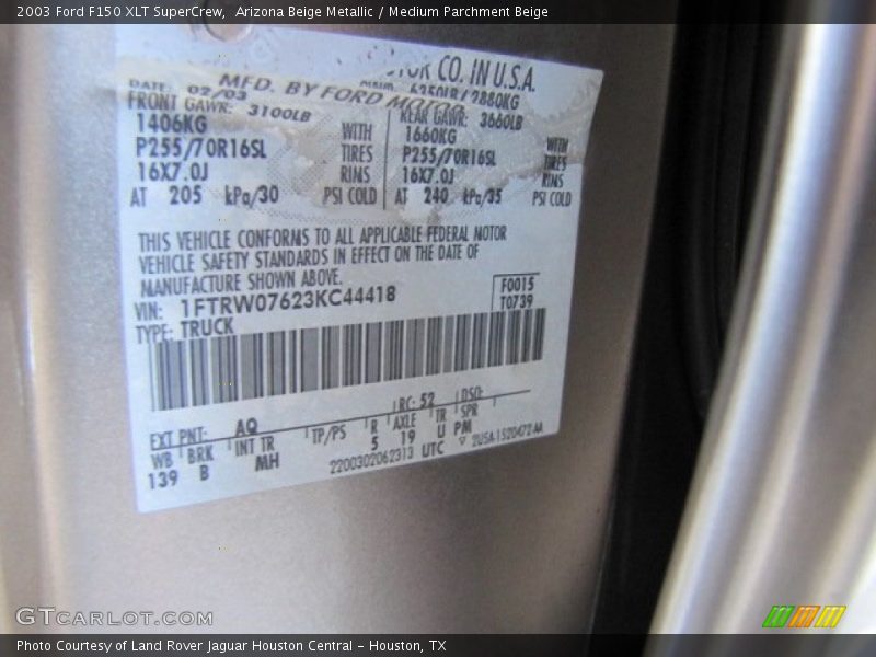 Arizona Beige Metallic / Medium Parchment Beige 2003 Ford F150 XLT SuperCrew