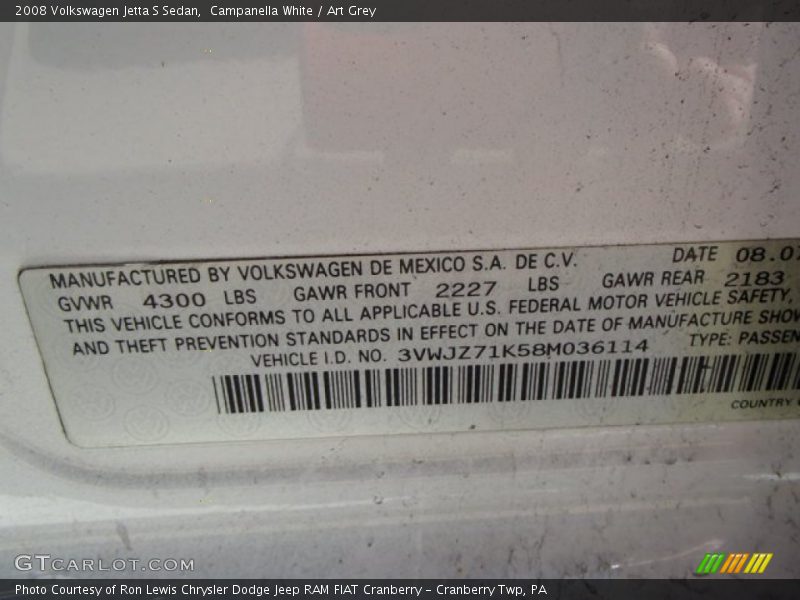 Campanella White / Art Grey 2008 Volkswagen Jetta S Sedan